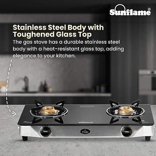 Sunflame Pride 2 Burner Gas Stove | 1 Medium and 1 Small Brass Burners | 2-Year Product Coverage by Sunflame | Ergonomic Knobs | Easy to Maintain l Toughened Glass Top | PAN India Presence