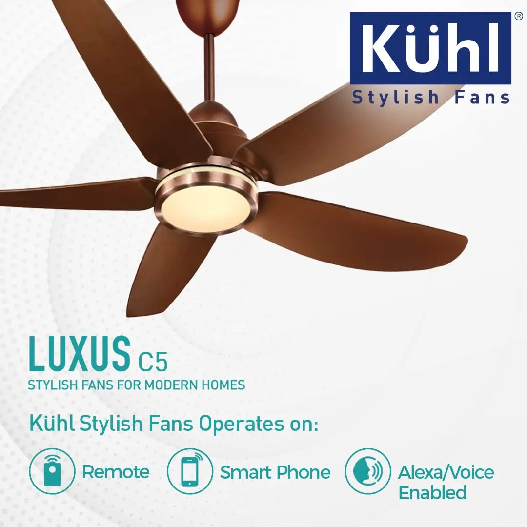 KUHL Stylish Fan Luxus C5 5-Star Rated | Smart Phone Remote Control Wi-Fi IoT Alexa Voice Enabled Night & Down Ligh Brown