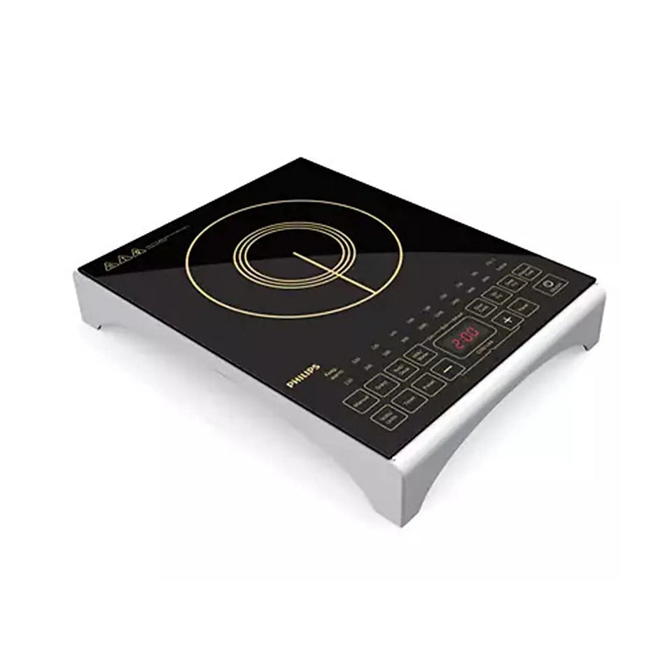 Philips HD4938/01 black induction cooktop at an angle showing gold coil marking and sensor touch keys
