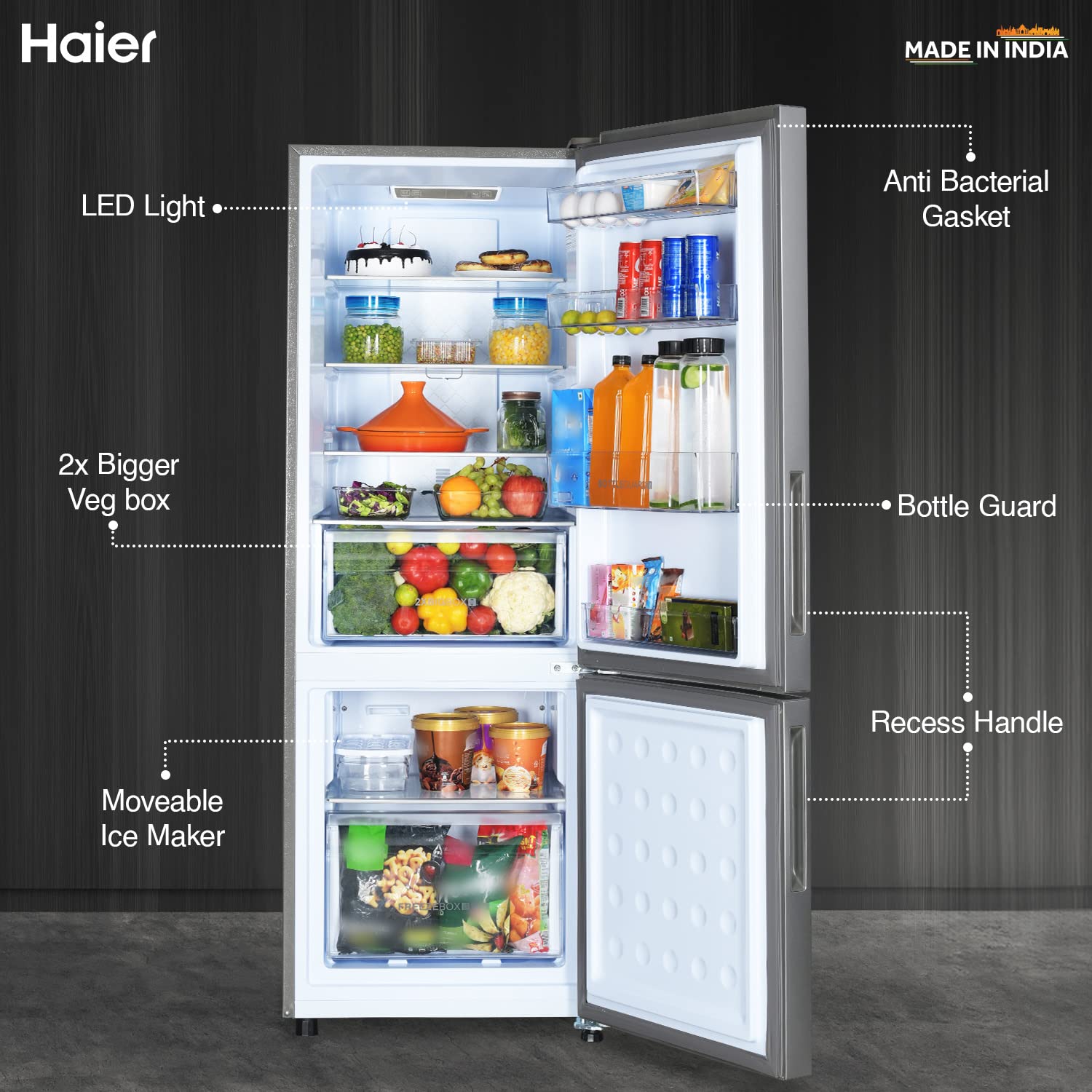 Haier 237L 2 Star Frost Free Double Door Bottom Mount Refrigerator (HEB-242GS-P, Moon Silver,Convertible)