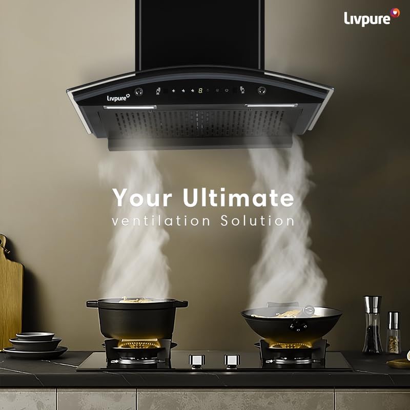 Livpure Astor 60 1250 m3/hr Curved Glass || Filterless Auto-Clean Kitchen Chimney || 10 Year Warranty On Motor (2 Year Comprehensive), (Touch And Gesture Control, Black)
