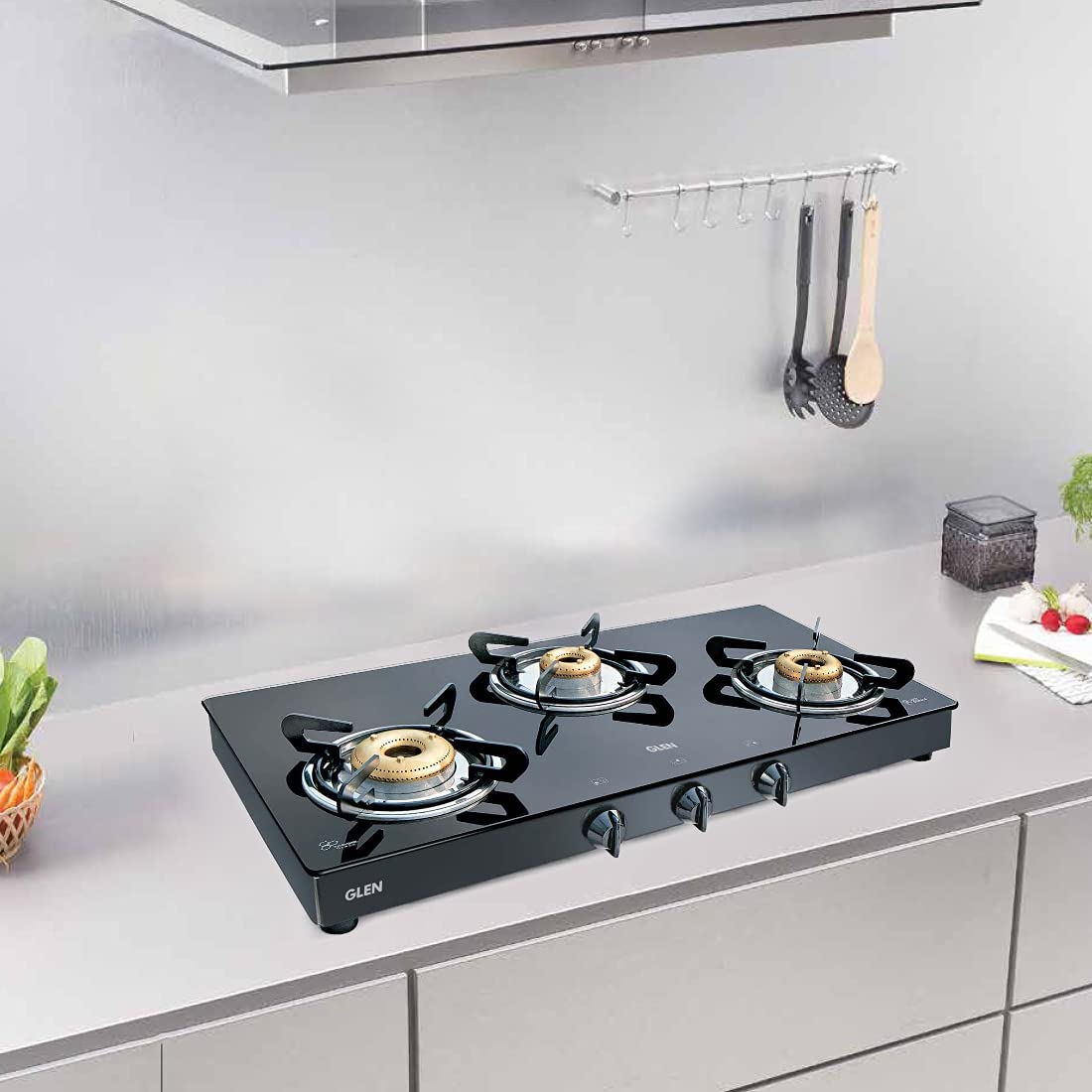 GLEN Stainless Steel 3 High Flame Forged Brass Burner LPG Glass Gas Stove with Double Drip Tray (Extra Wide, Black, Manual Ignition, 1033 GT XL FB DD BL)