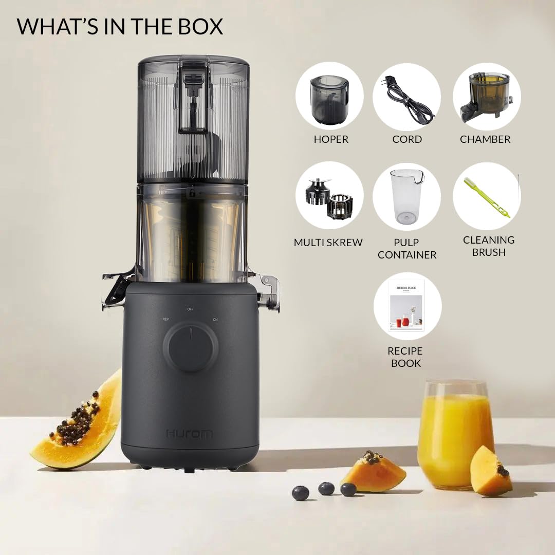 Hurom H310A Self-Feeding Cold Press Whole Slow Juicer All-in-1 multi-screw Technology from soft or hard fruits/vegetables to ice cream Made in Korea Charcoal