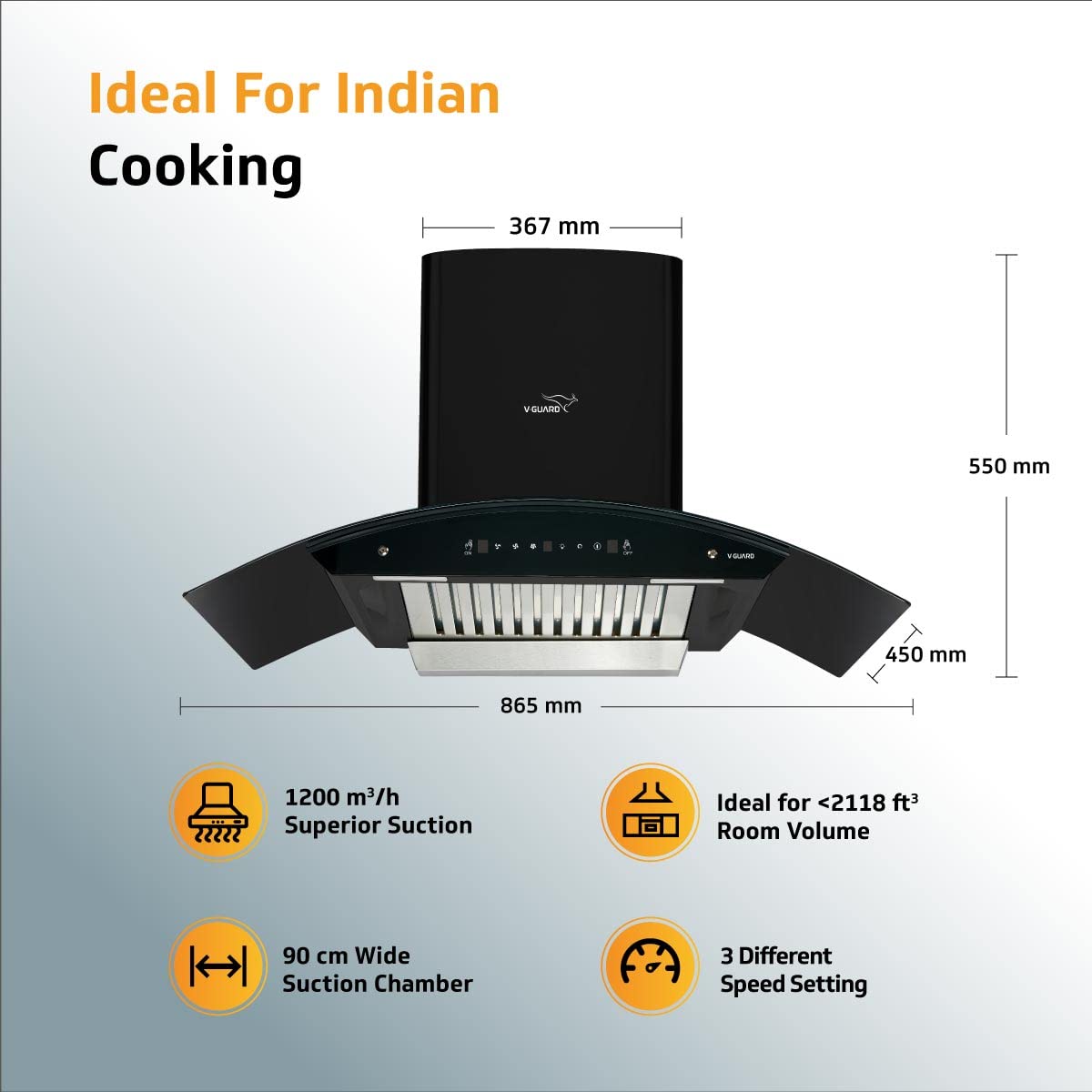 V-Guard A20 BL180 Kitchen Chimney with 1200m³/hr Suction, Intelligent Auto Clean, Curved Glass, Baffle Filter, Motion Sensor Controls, Oil Collector Tray, LED Light (Black)