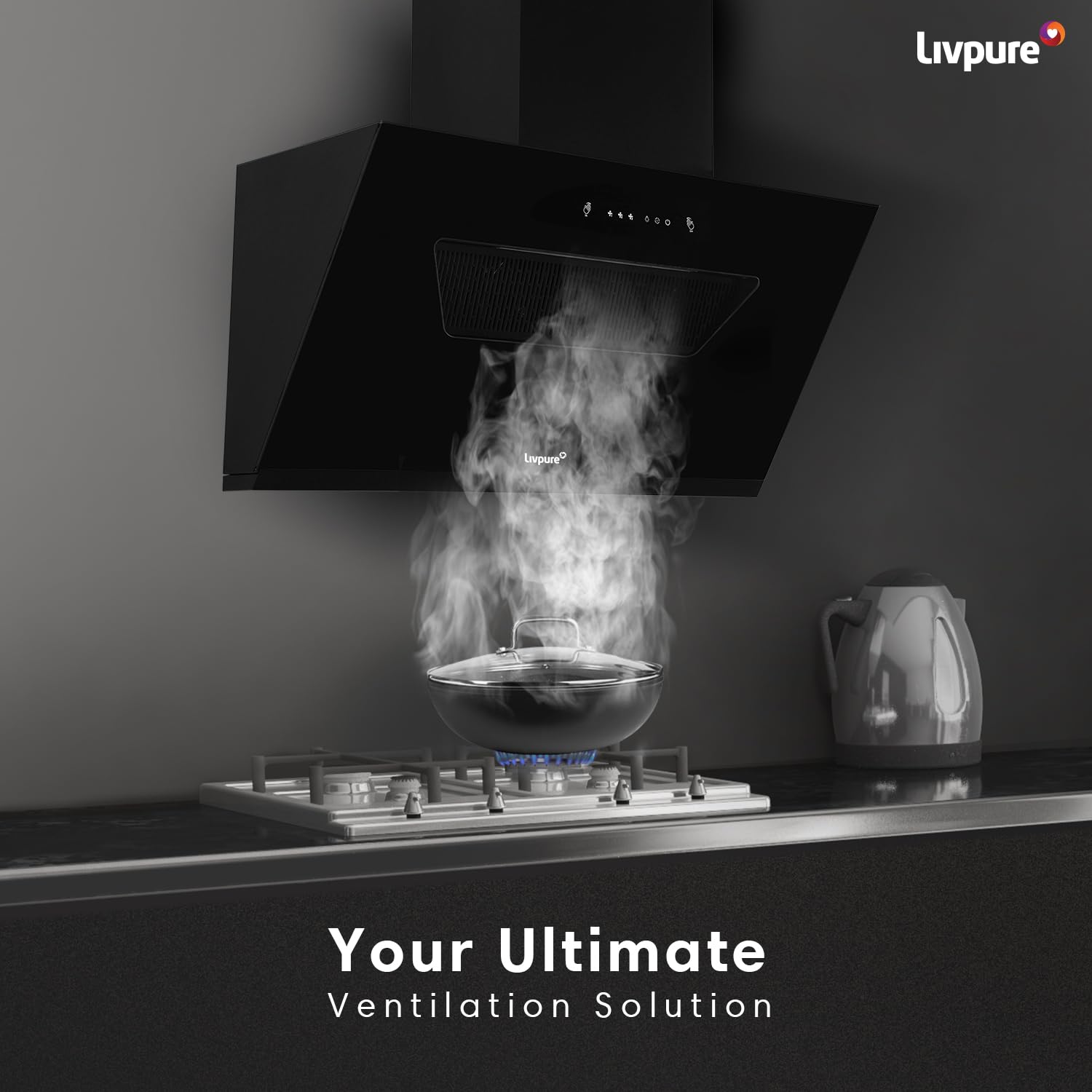 Livpure Drift 90 1350 m3/hr Slant | Filterless Autoclean Kitchen Chimney |10 Yr Warranty On Motor, 2 Yr Comprehensive |Touch & Gesture Control, Black