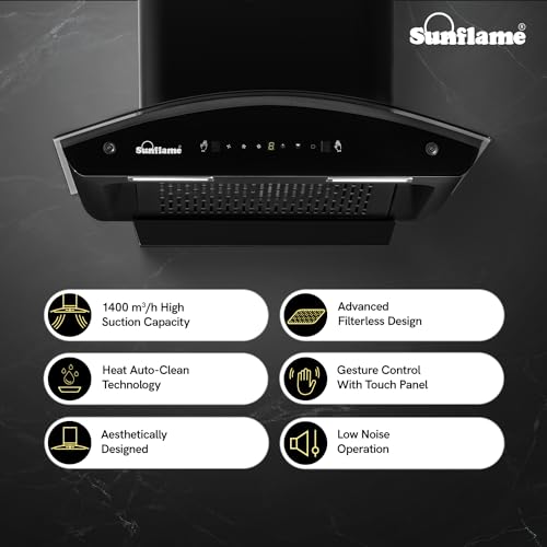 Sunflame Lamia 60 FL HAC TC Filterless Auto-Clean Kitchen Chimney | 60cm | 1400 m³/h High Suction Capacity | Gesture Control with Touch Panel |1-Year Comprehensive & 5-Year Motor Coverage
