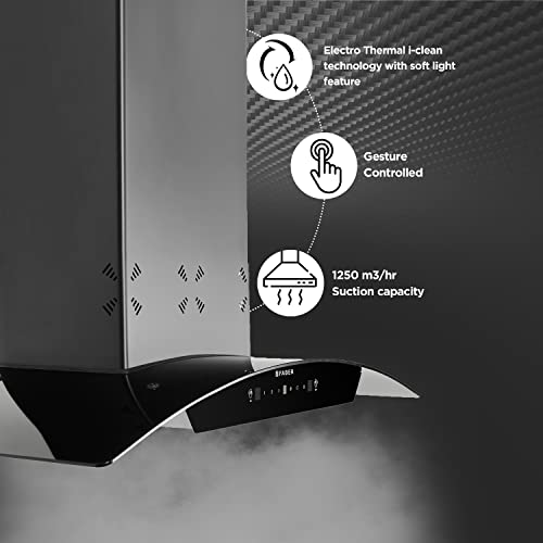 Faber90cm 6 way Silent Suction,1250m3/hr, Autoclean Chimney, 12Yr Warranty on Motor(2Yr Comprehensive) Autoclean Alarm(HOOD EVEREST 3D IN HC SC FL LG 90, Filterless, Touch&Gesture Control, Li