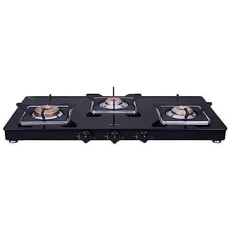 Elica Slimmest 3 Burner Gas Stove with Square Grid and Brass Burner (773 Ct Vetro (Slim Line Spf)), Manual Ignition