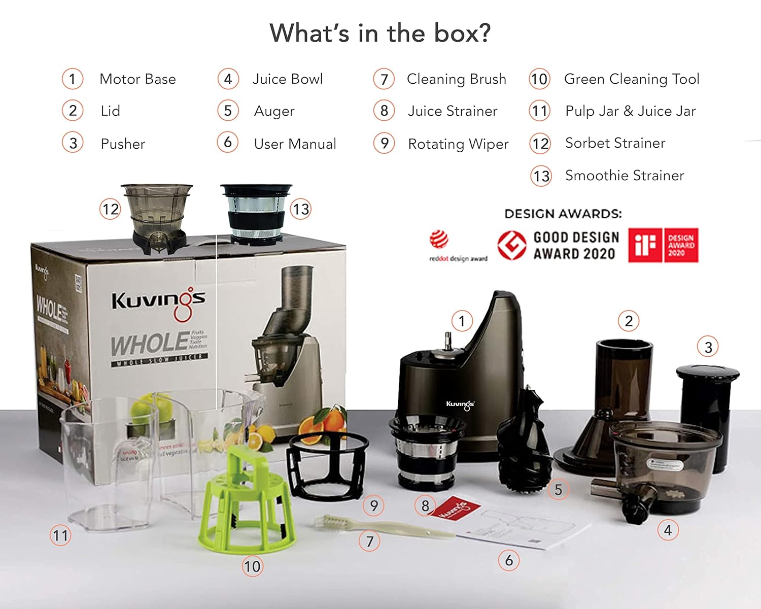 Kuvings B1700 Phantom Black Professional Cold Press Juicer with Smoothie & Sorbet Strainers, JMCS Technology - Whole Slow Juicing at its Finest!