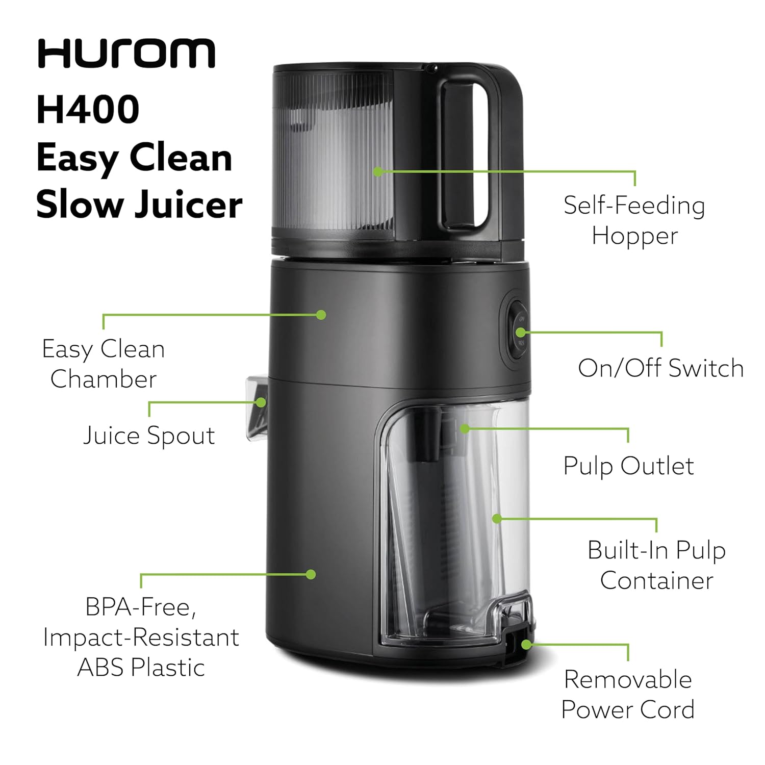 Hurom H400 Slow Juicer, Matte Black | Hands Free | Whole Produce Hopper | Quiet Motor | Scrub Free Cleaning | BPA Free | Easy Assembly | Healthy Living | Cold Press Masticating
