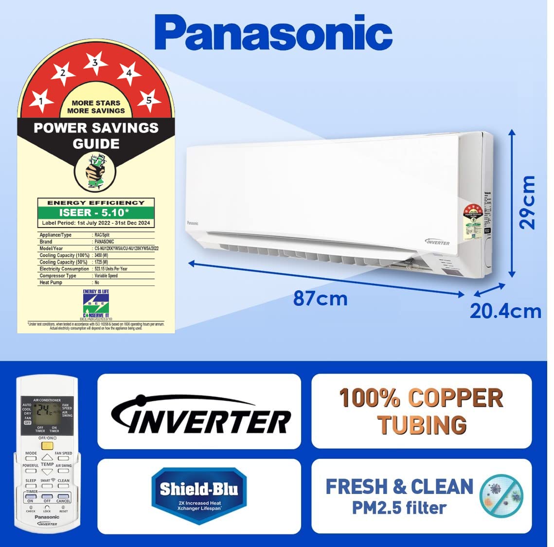 Panasonic Inverter Split Ac ‎CS/CU-NU12XKYW5A 1Ton 5Star White
