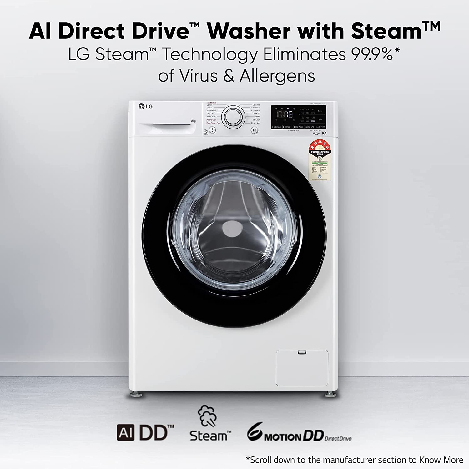 LG 8 Kg 5 Star Inverter Fully-Automatic Front Loading Washing Machine with Inbuilt heater (FHP1208Z3W, Blue White, AI DD Technology & Steam for Hygiene)