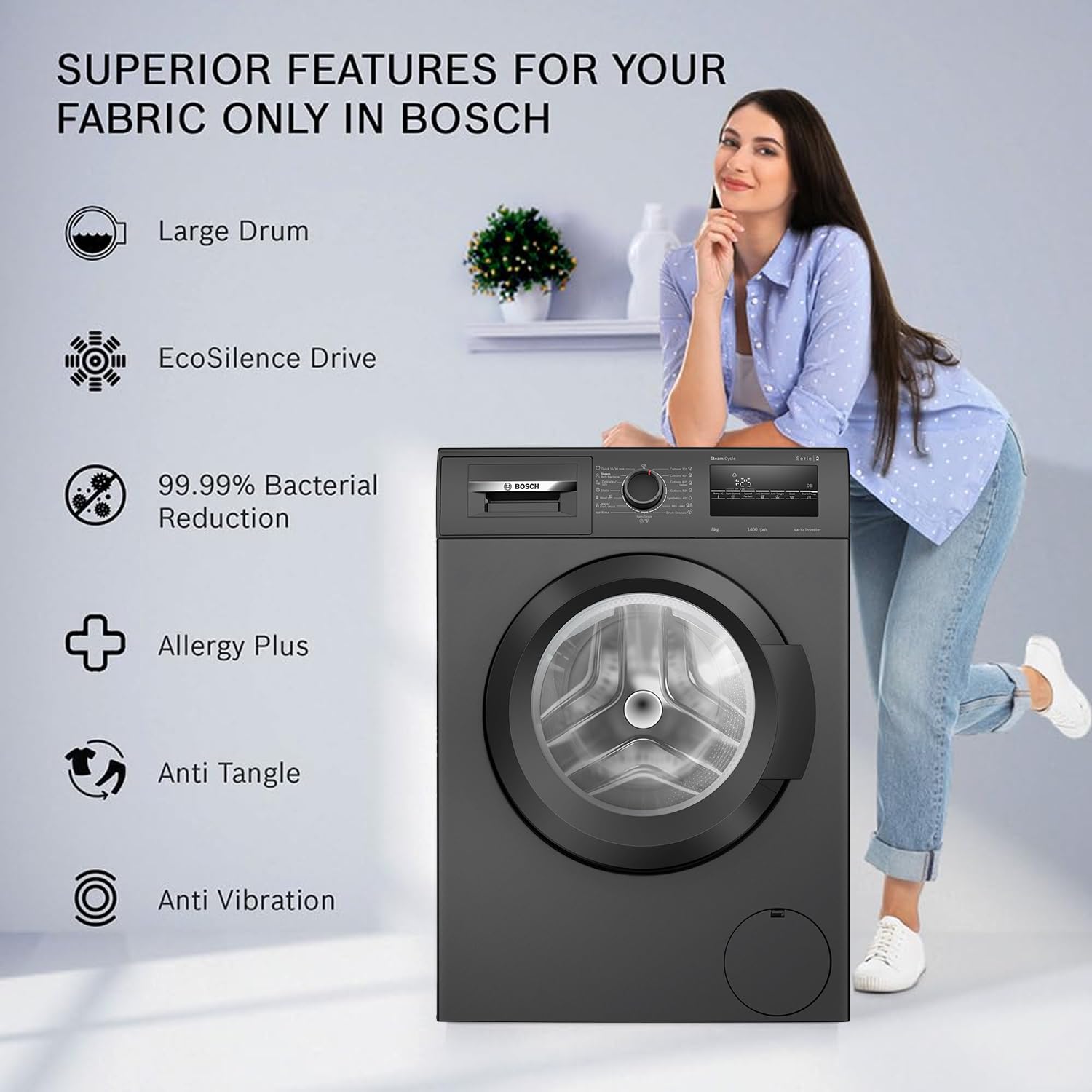 Bosch 8 kg 5 Star Fully-Automatic Front Loading Washing Machine (WAJ2826CIN, Black Grey, AI active water plus, In-Built Heater)