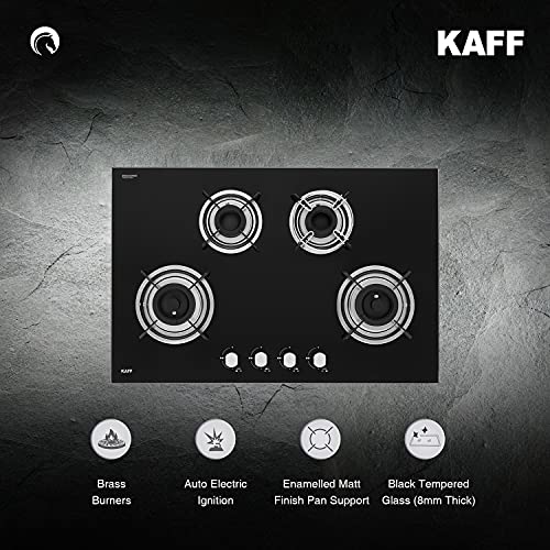 KAFF HBR 804 Built-in Hobs 4 Burners, Auto Electric Ignition Glass Top, 80 CM, Powerful Brass Burners, 8 MM Thick Toughened Glass, Enamelled Matt Grills (Black)