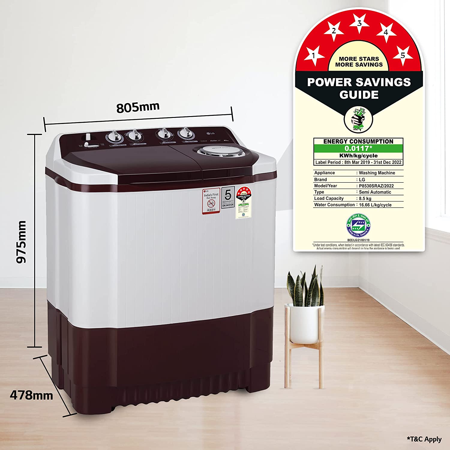 LG 8.5 kg 5 Star Washing Machine P8530SRAZ Burgundy