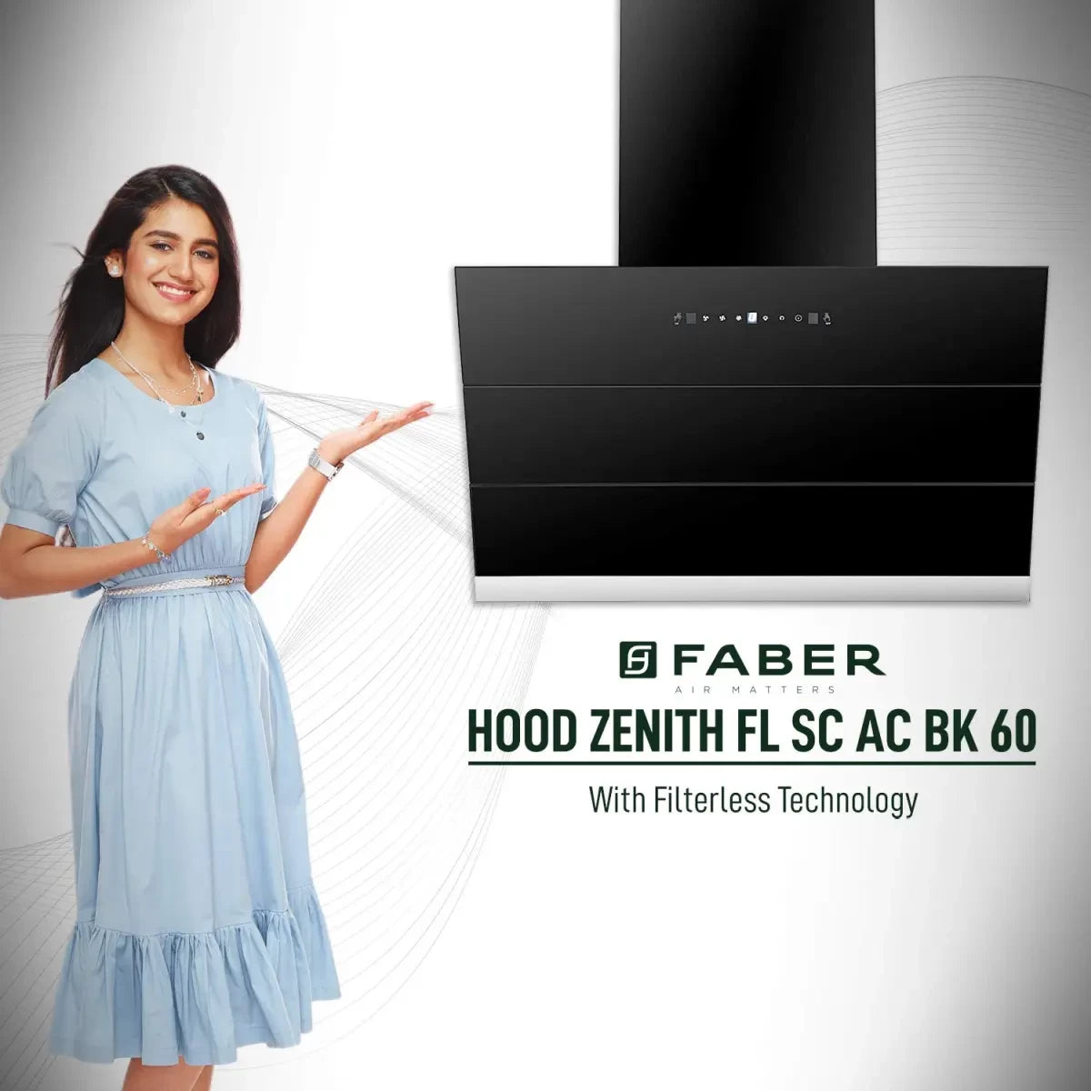Faber 60 cm 1350 m³/hr angular Kitchen Chimney (Hood Zenith FL SC BK 60, Filterless technology, Touch Control, Black)