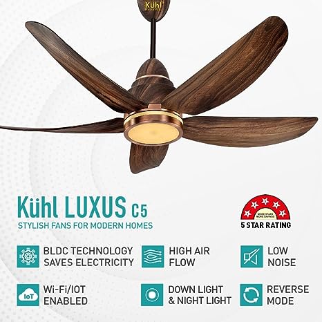 KUHL Stylish Fan Luxus C5 Teakwood| 5 Star Rated| BLDC Technology With Remote/Mobile/Alexa Control Reverse Mode
