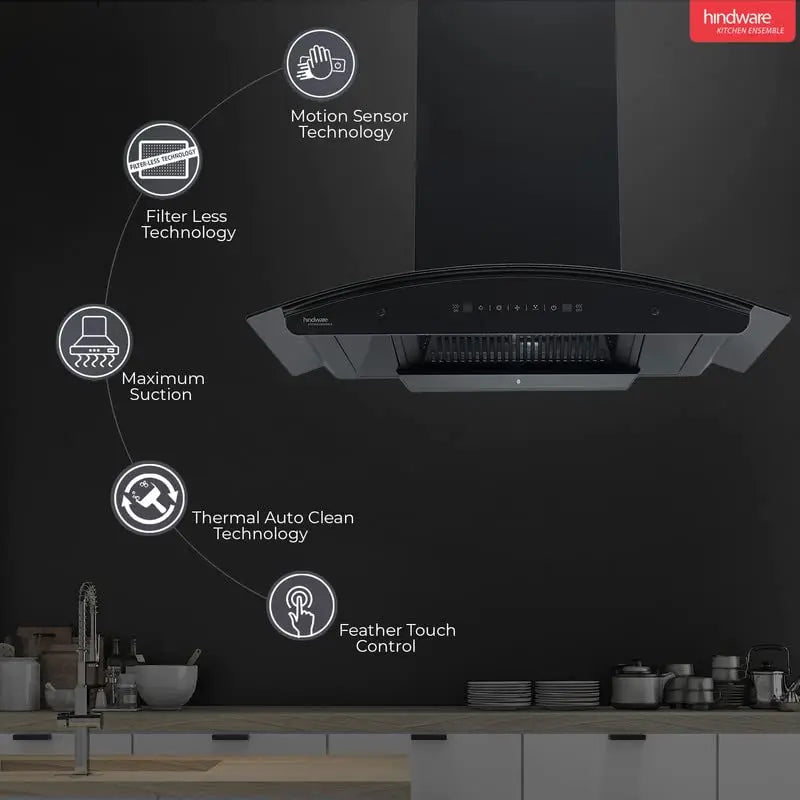 Hindware Chimney Chromia 90 Cm BLK 1200 m³/hr Chimney With Motion Sensor