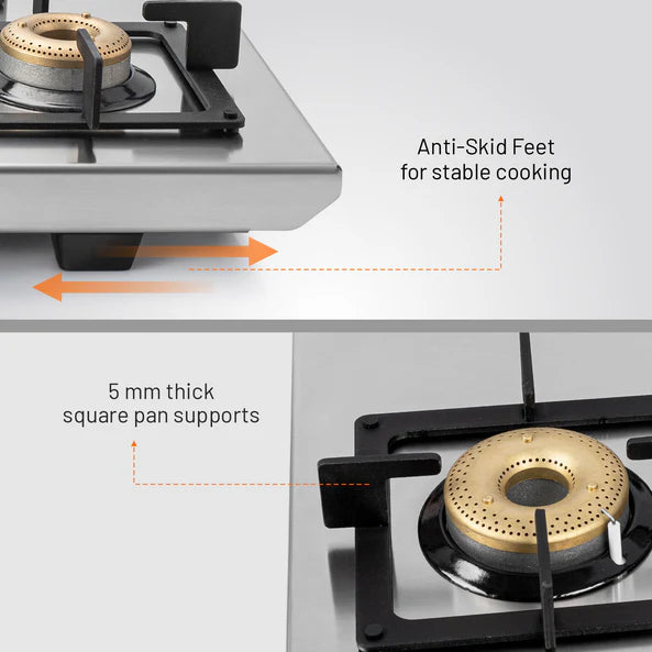 Glen 3 Burner Ultra Tuff Free Standing Hob with Forged Brass Burners Auto Ignition (BH 1073 XL SQ FS UT SS AI)