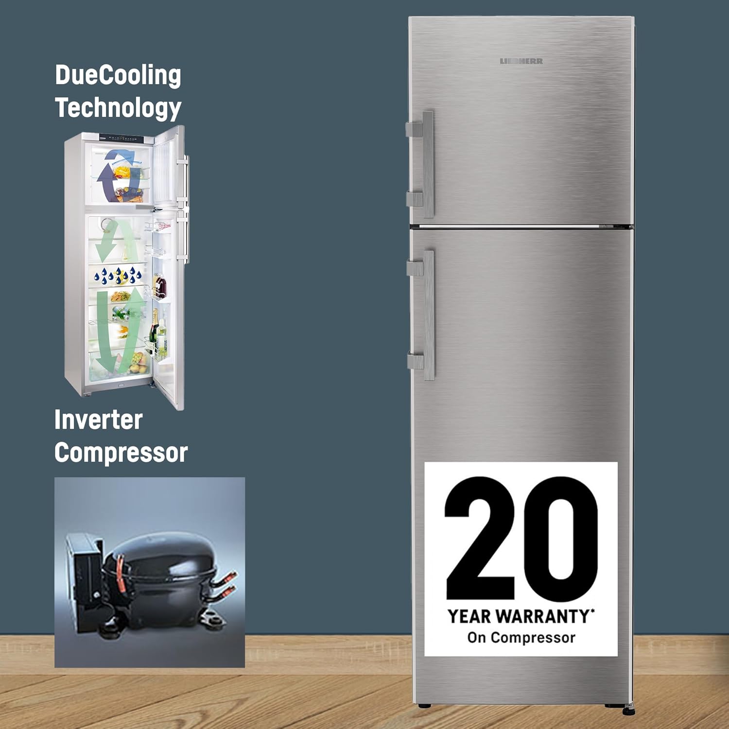 Liebherr 316L 2 Star Inverter Hot/Cool Lever Handle Frost Free Double Door Fridge, Duo Cooling, 20 Yr Warranty, Freezer 67L, Veg Organiser, Stainless