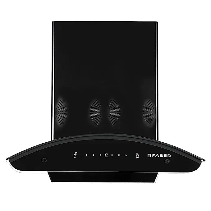 Faber 60 cm 6 way Silent Suction, 1250 m³/hr Auto-Clean curved glass Kitchen Chimney (HOOD ORIENT SMART 3D IND HC SC EBK 60, Filterless technology, Touch Control & Gesture Control, Black)