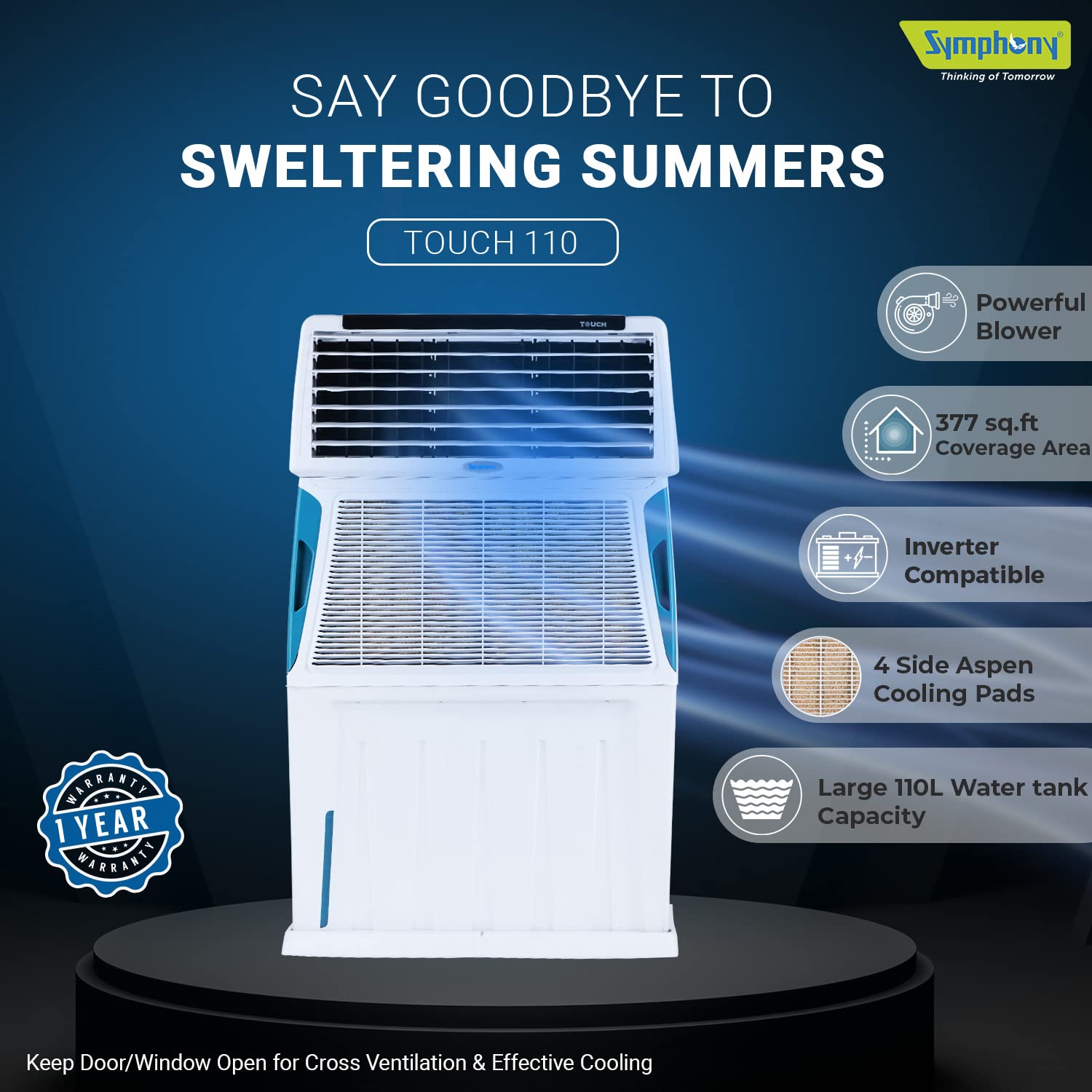 Symphony Touch 110 Personal Air Cooler For Home with 3-Side Cooling Pads, Powerful Blower, i-Pure Technology, Digital Touchscreen and Voice Assistance (110L, White)