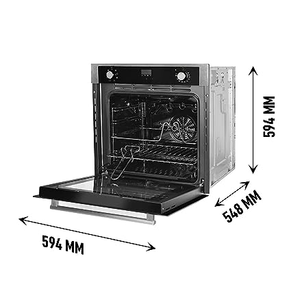 Faber FBIO 80L 8F built-in oven with door open, showing shelves and dimensions of 594 x 548 x 594 mm