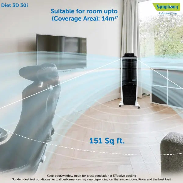 Symphony Diet 3D 30i Air Cooler with pop up touchscreen and 3 side honeycomb cooling pads With Remote