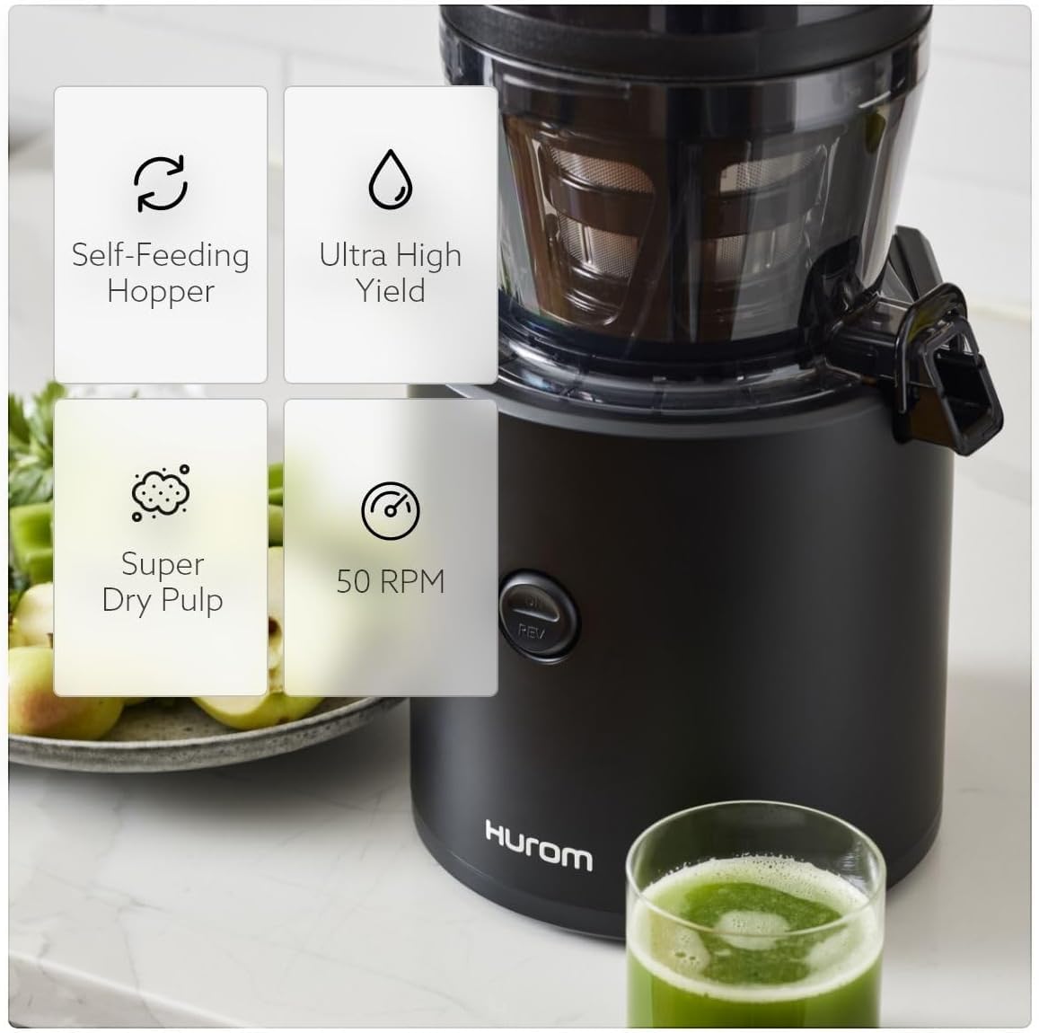 Hurom H320 Slow Juicer | Ultra Low Pulp | Hands-Free | Whole Produce Hopper | Quiet Motor | BPA Free | Easy Assembly | Cold Press Masticating Juicer (Black)