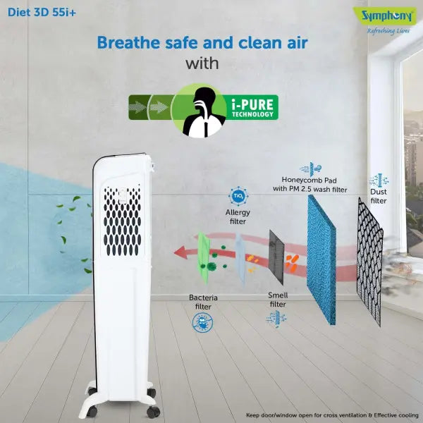 Symphony Diet 3D 55i+ Air Cooler For Home with 3-Side Honeycomb Pads, Magnetic Remote