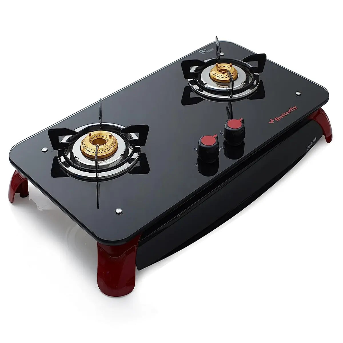Butterfly Signature+ 2 Burner Glass Top Stove, Black/Red