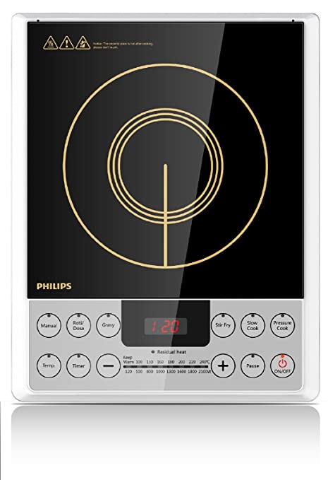 Top view of Philips HD4929/01 induction cooktop showing Manual, Roti/Dosa, Gravy, Stir Fry, Slow Cook and Pressure Cook keys and power scale