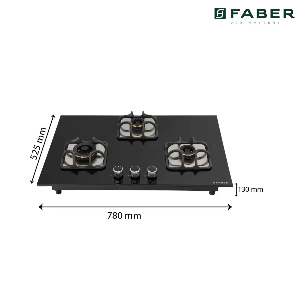 Faber Hobtop Imperia Plus 783 BRB CI BK 3 Brass Burner Auto Electric Ignition Glass Top, Black