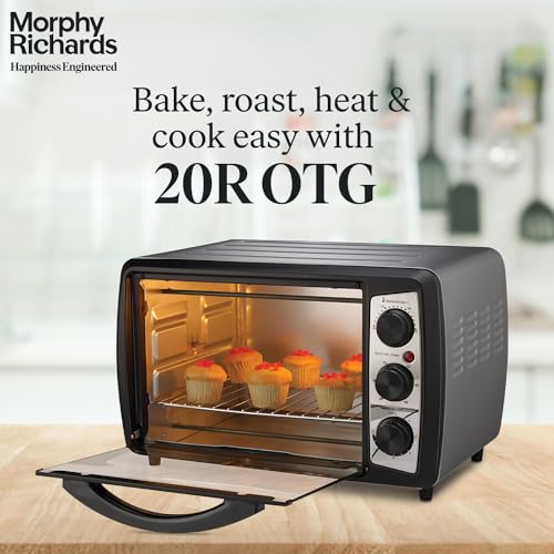 Morphy Richards 20R OTG oven with open door and cupcakes inside, on a kitchen counter