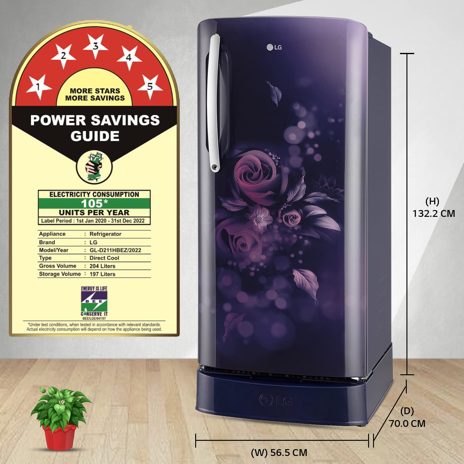 LG 204 L 5 Star Inverter Direct-Cool Single Door Refrigerator (GL-D211HBEZ, Blue Euphoria, Base stand with drawer & Fast Ice Making)