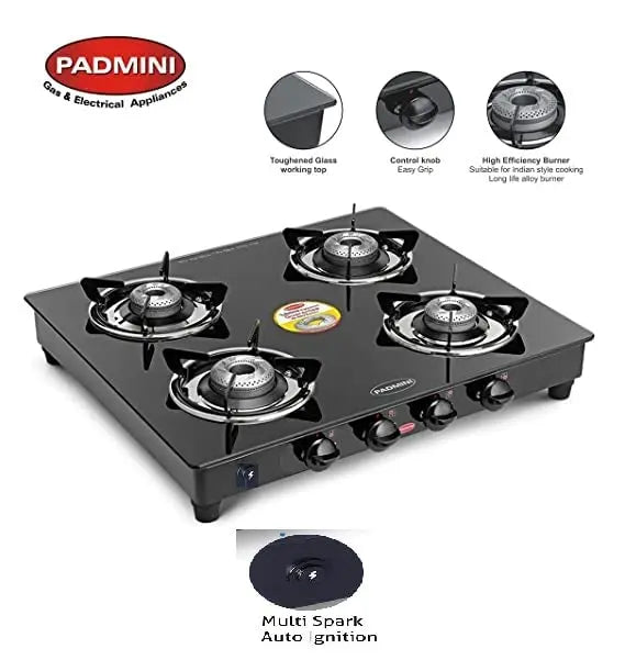 Padmini Four Burner Glass Top Gas Stove (CS-4GT Prima Auto)-Black