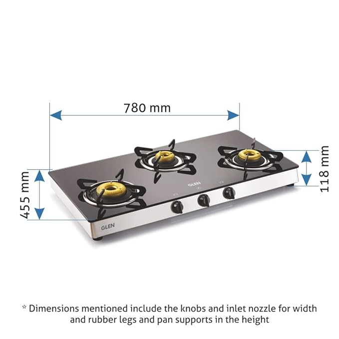 Glen 3 Burner LPG Glass Gas Stove High Flame Forged Brass Burner, Double Drip Trays Extra Wide Black (1038 GT FB)