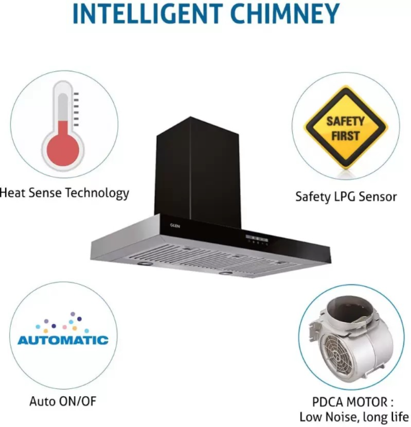 Glen GL 6052 TC 90 BL Wall Mounted Chimney (Black, Silver 1250 CMH)