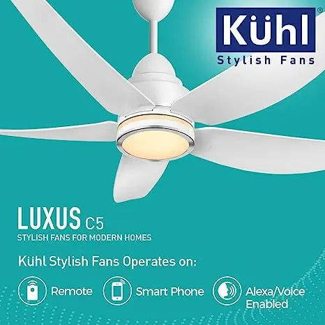 KUHL Luxus C5 Stylish BLDC Fan|Low Power 38W|High Air Flow |5 Aerodynamic ABS Blades|Low Noise |Night & Down Light |IoT Enabled |Operate Via Remote-Mobile-Alexa | Reverse Mode |5-Star Rated |White