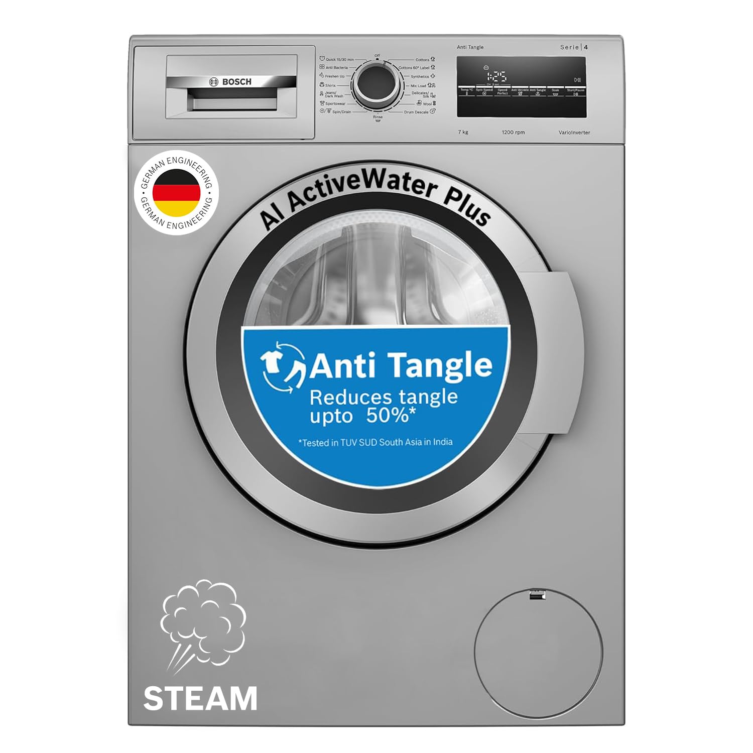 Bosch 7 kg 5 Star Fully-Automatic Front Loading Washing Machine (WAJ24266IN, Silver, AI active water plus, In-Built Heater, BLDC Inverter motor, Steam)