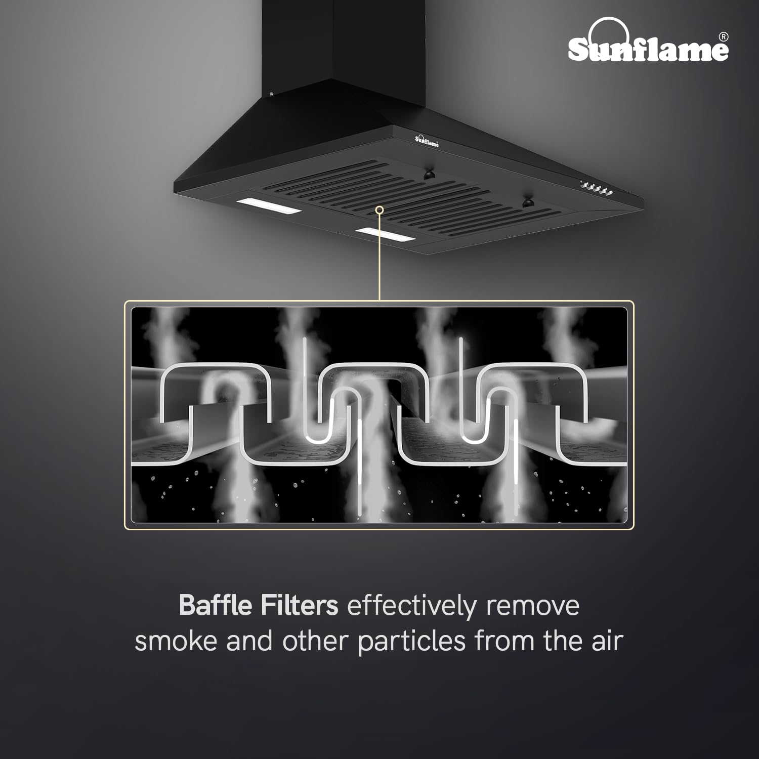 Sunflame Maleo 60 BF Kitchen Chimney | 900 m³/h Suction Capacity | 1- Year Product and 5-Year Motor Coverage | Baffle Filters | 3-Speed Exhaust Setting | Push Button Control | 60 cm