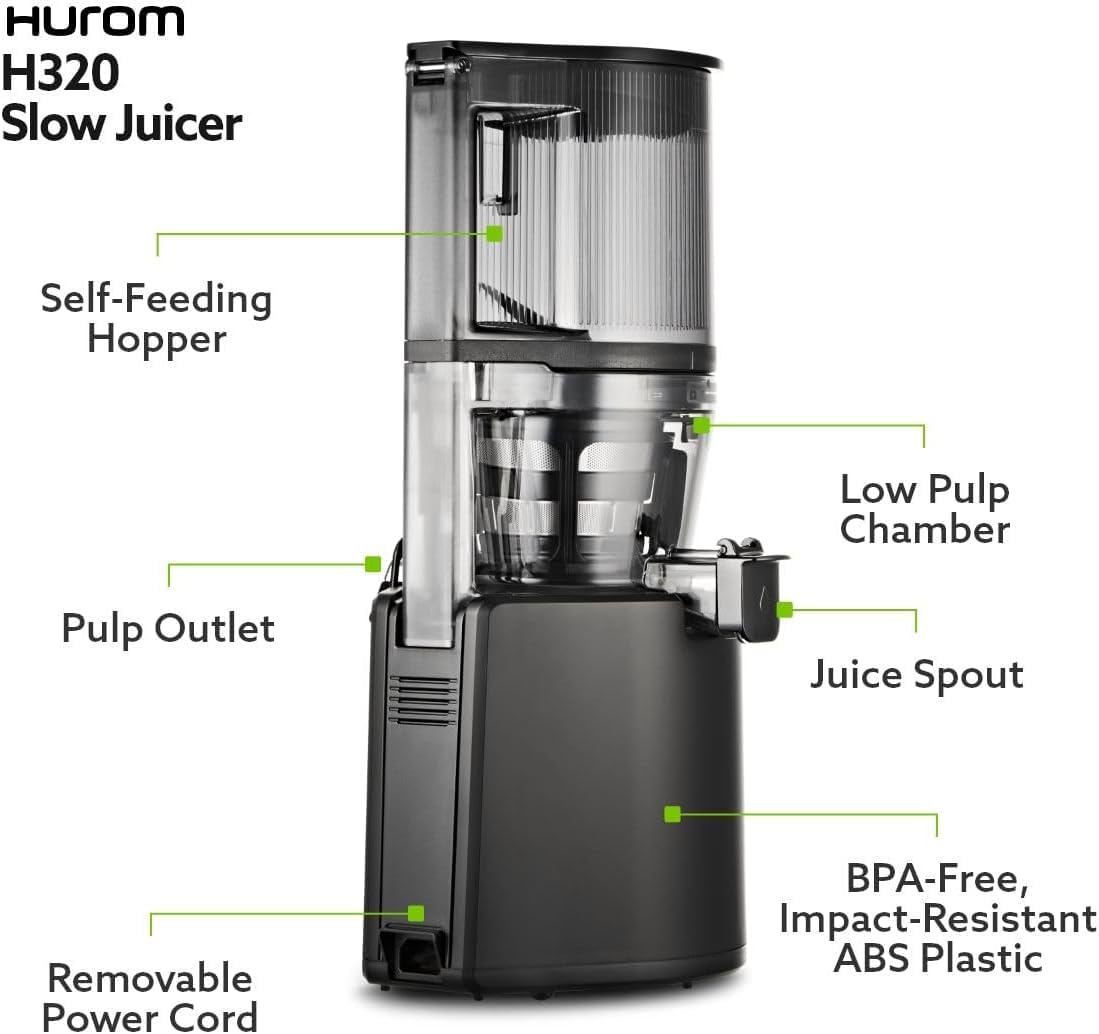 Hurom H320 Slow Juicer | Ultra Low Pulp | Hands-Free | Whole Produce Hopper | Quiet Motor | BPA Free | Easy Assembly | Cold Press Masticating Juicer (Black)