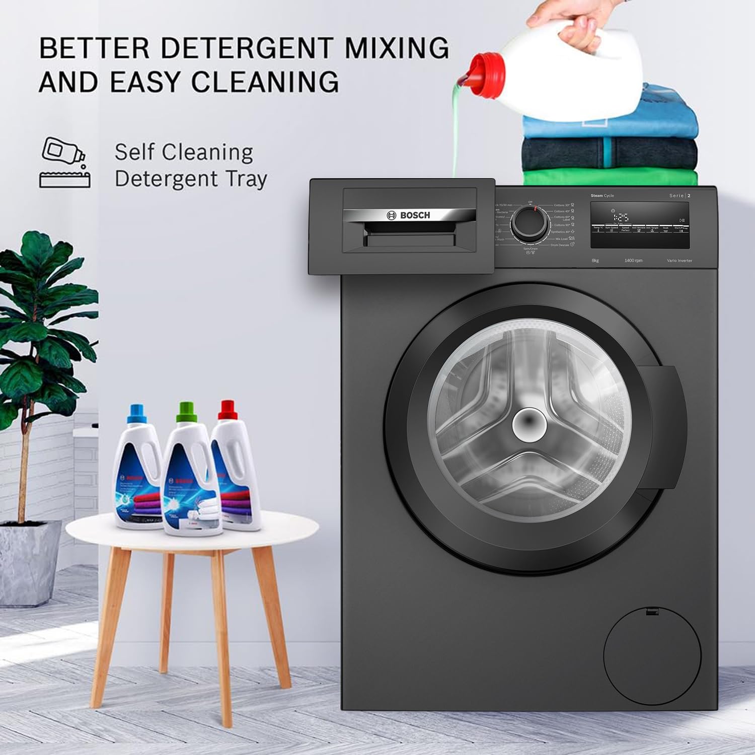 Bosch 8 kg 5 Star Fully-Automatic Front Loading Washing Machine (WAJ2826CIN, Black Grey, AI active water plus, In-Built Heater)