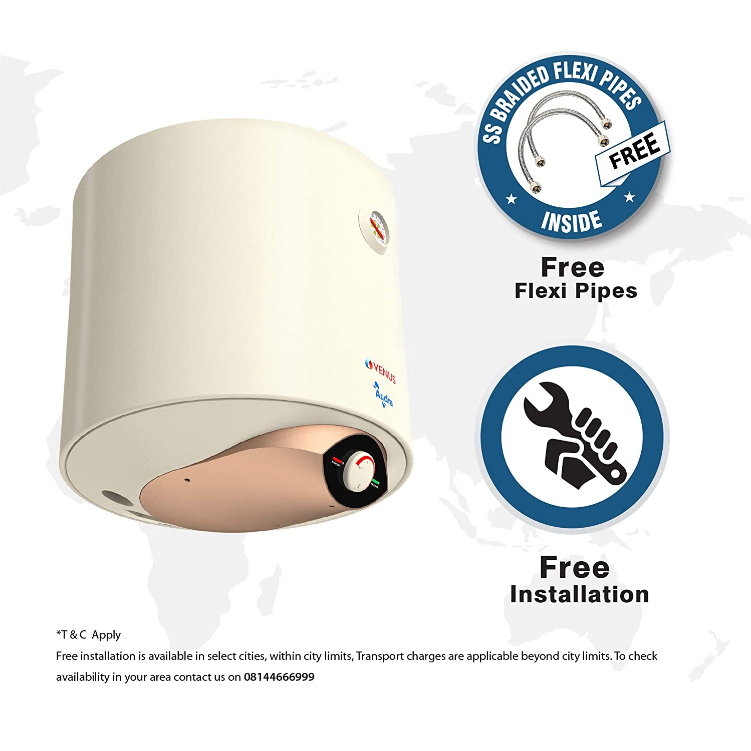 VENUS Audra 06AV 06-Litre 3000W (Ivory) Water Heater, Porcelain Enamelled Glass Lined Tank, BEE Star Rating - 5 Stars, ISI, Free Flexible Hose