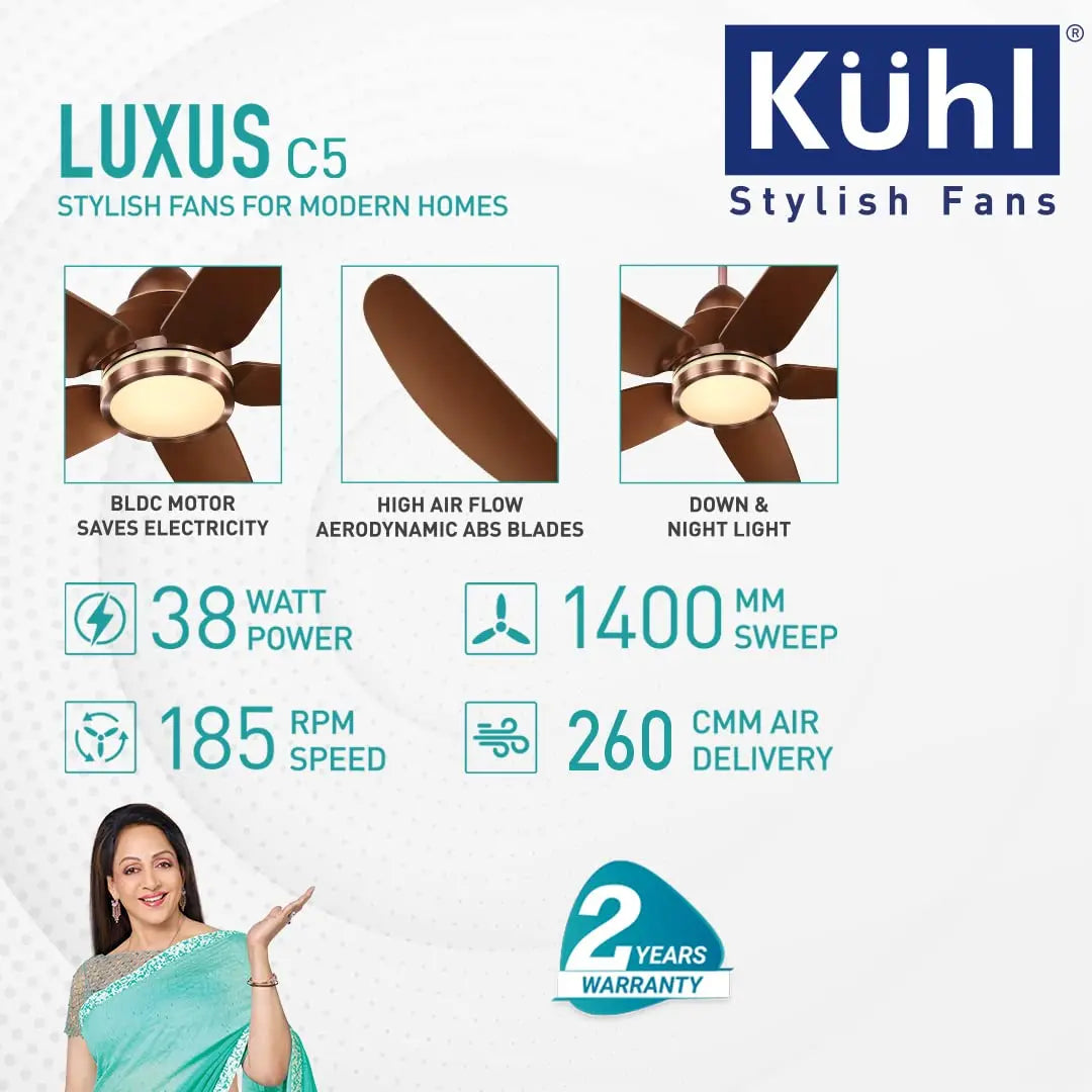KUHL Stylish Fan Luxus C5 5-Star Rated | Smart Phone Remote Control Wi-Fi IoT Alexa Voice Enabled Night & Down Ligh Brown