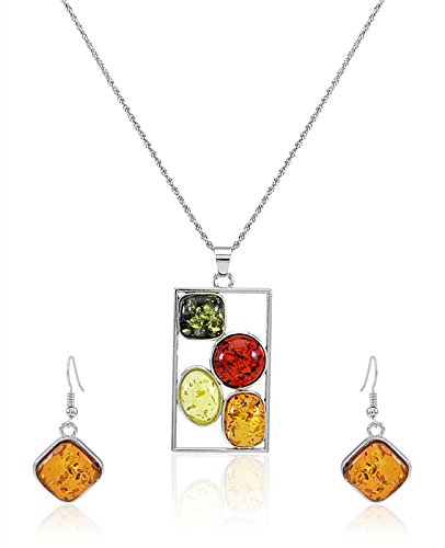 Giftipedia Sterling Silver Multicoloured Amber Pendant Necklace and Earrings Set