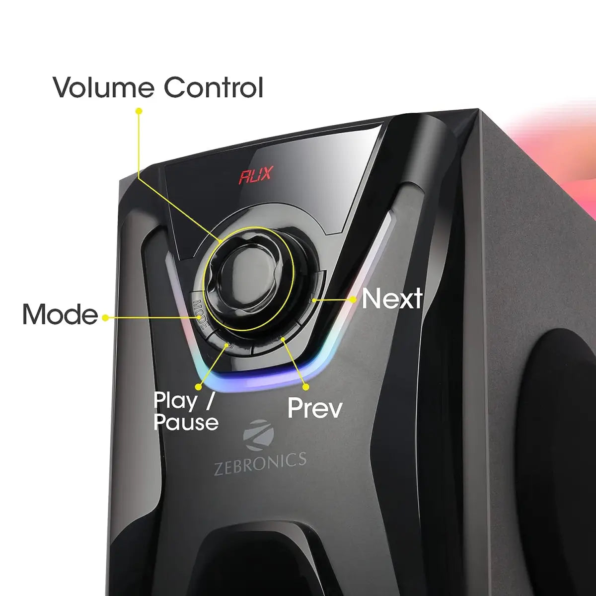 Zebronics Zeb-Sonata 4.1 Channel Home Theater Speaker with Subwoofer Supporting Bluetooth 5.0/USB Slot/AUX/Built in FM Radio, Remote Control, RGB Lights, LED Display