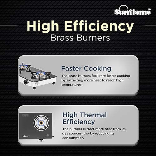 Sunflame Pride 2 Burner Gas Stove | 1 Medium and 1 Small Brass Burners | 2-Year Product Coverage by Sunflame | Ergonomic Knobs | Easy to Maintain l Toughened Glass Top | PAN India Presence