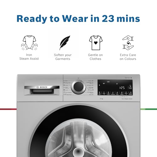 Bosch 10kg 5 Star Anti Stain & AI Active Water Plus Fully Automatic Front Load Washing Machine with Built in Heater (WGA252ZSIN, Pretreatment, Iron Steam Assist & Allergy Plus, Silver)