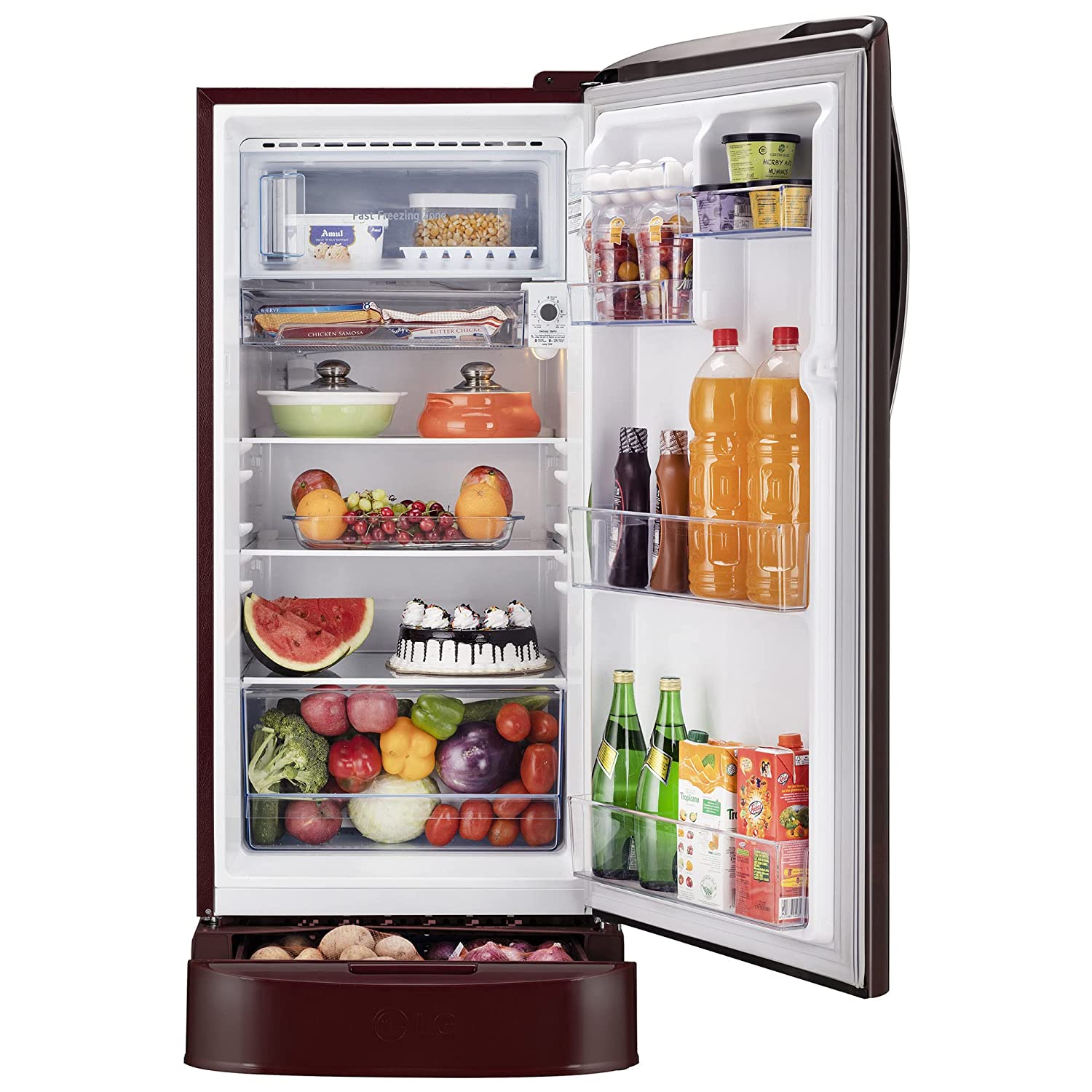 LG 201 L 5 Star Inverter Direct-Cool Single Door Refrigerator (GL-D211HSEZ, Scarlet Euphoria, Base stand with drawer, Gross Volume- 204 L)